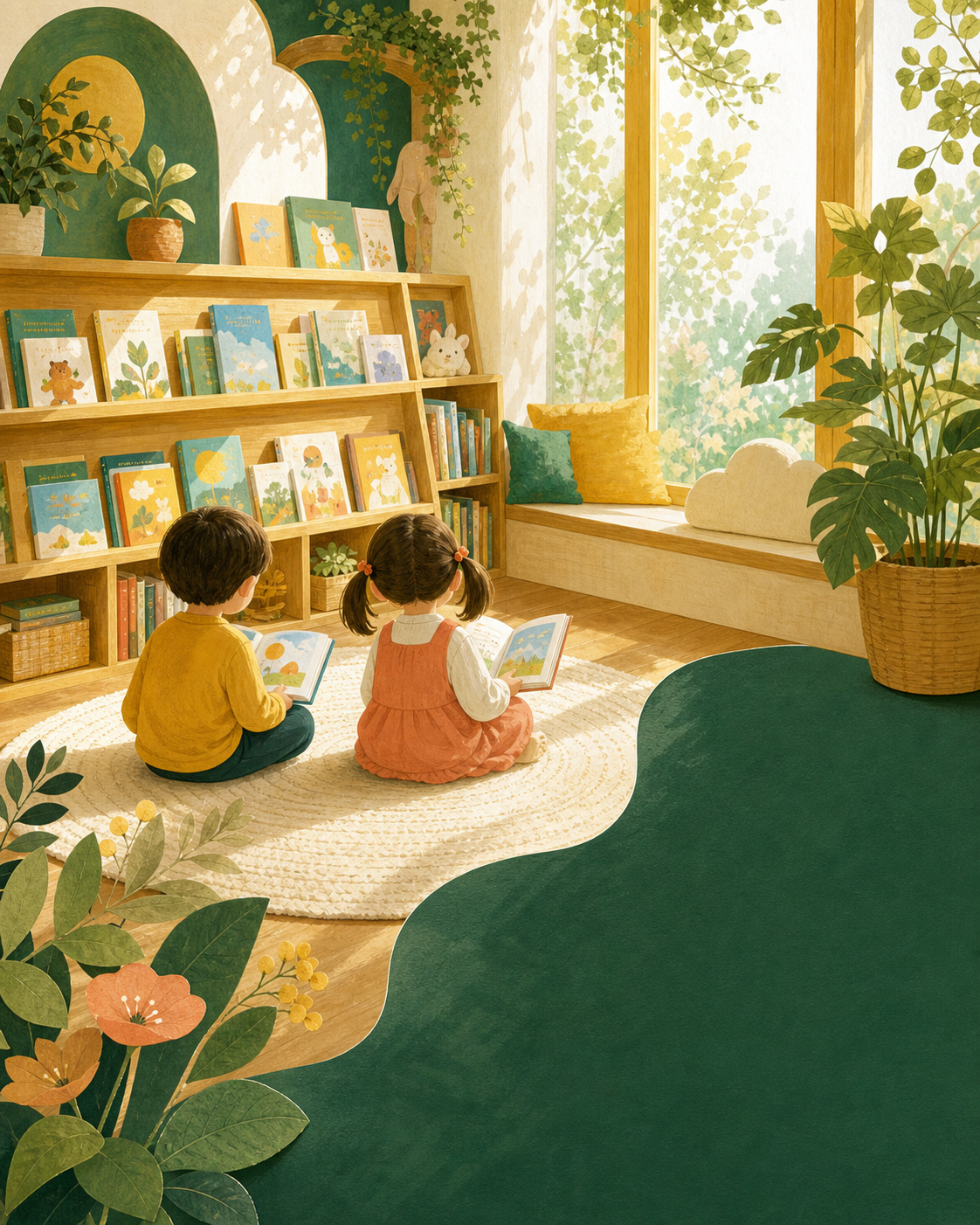 阳光全阅读书吧理念插画：孩子在阳光下自由阅读原版绘本